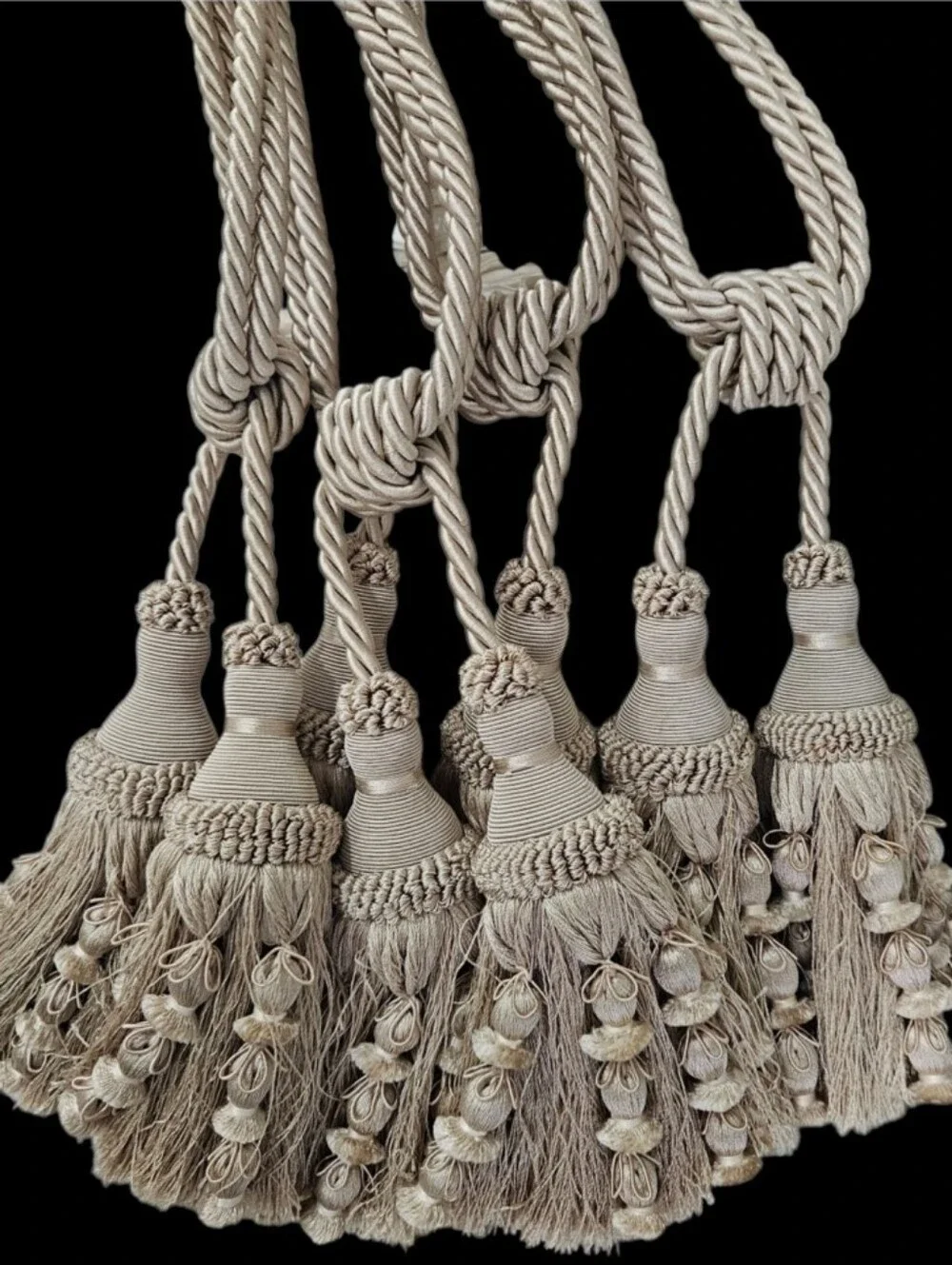 French Tassel Tiebacks PASSEMENTERIE Drape Curtain Braided Rope Tan Satin Sheen4